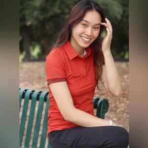Women's Short Sleeve Golf Polo Top in Burnt Red Wave Print